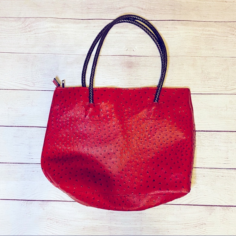 EUC RED Faux Ostrich Skin Faux Leather Tote